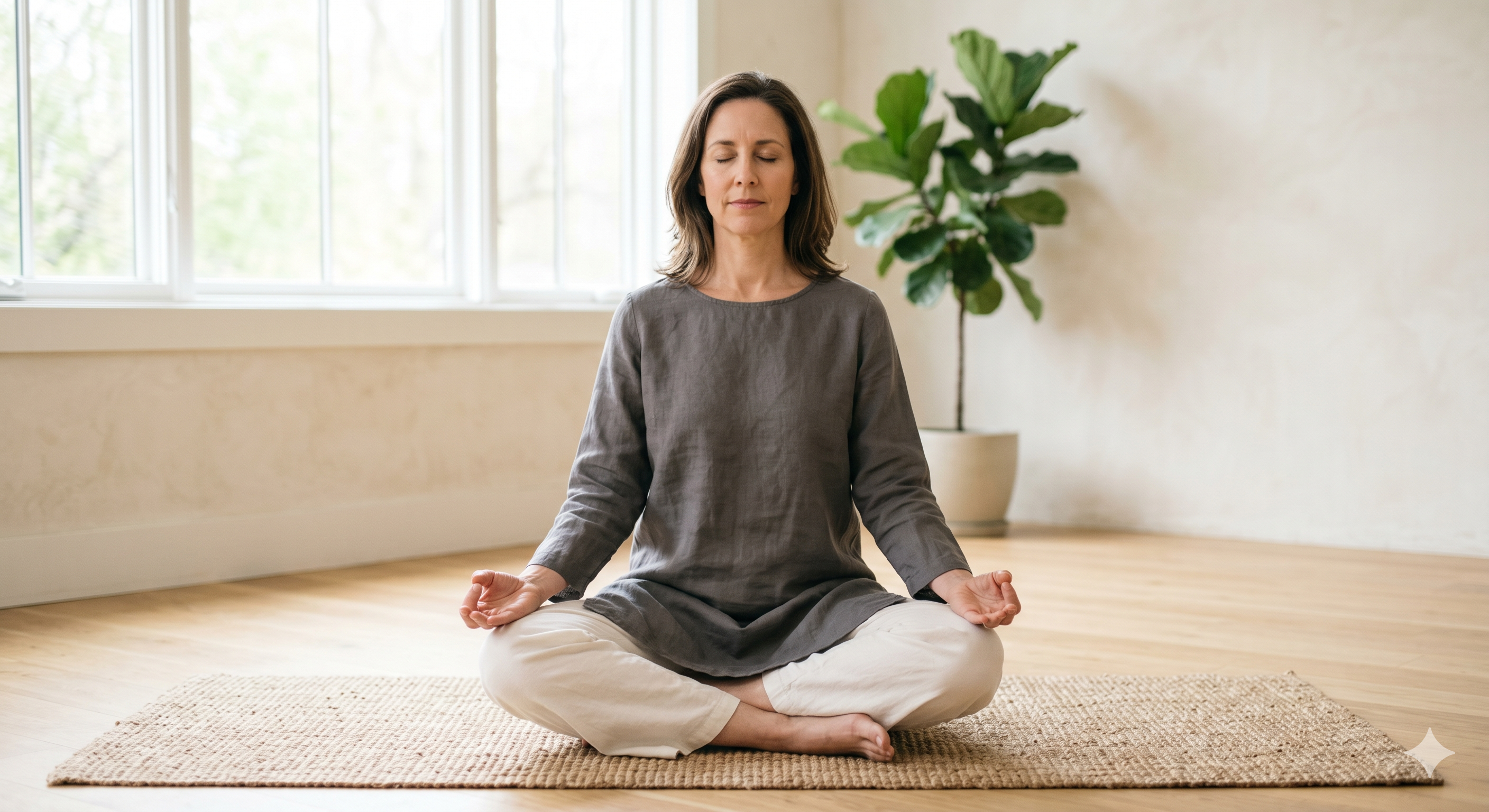 Dignified asana or seated meditation — neutral attire, clean composition, natural light. Professional, timeless; avoid stock-y poses or cluttered backgrounds.