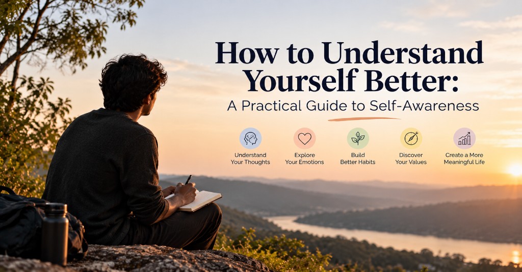 A person writing in a notebook on a rocky ridge at sunrise, overlooking a river and hills.